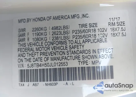 2018 Acura Rdx Technology Acurawatch Plus Packages/Technology Package z USA, uszkodzony, nr VIN 5J8TB4H50JL012553